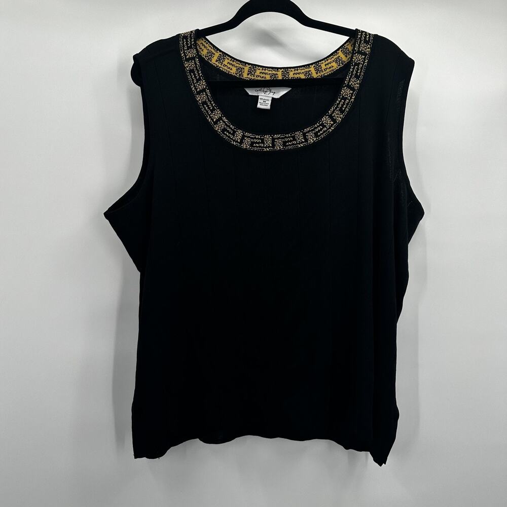 Ming Yang Top Shell Womens 3X Black Gold Greek Key Knit Tank Pullover Acrylic‎